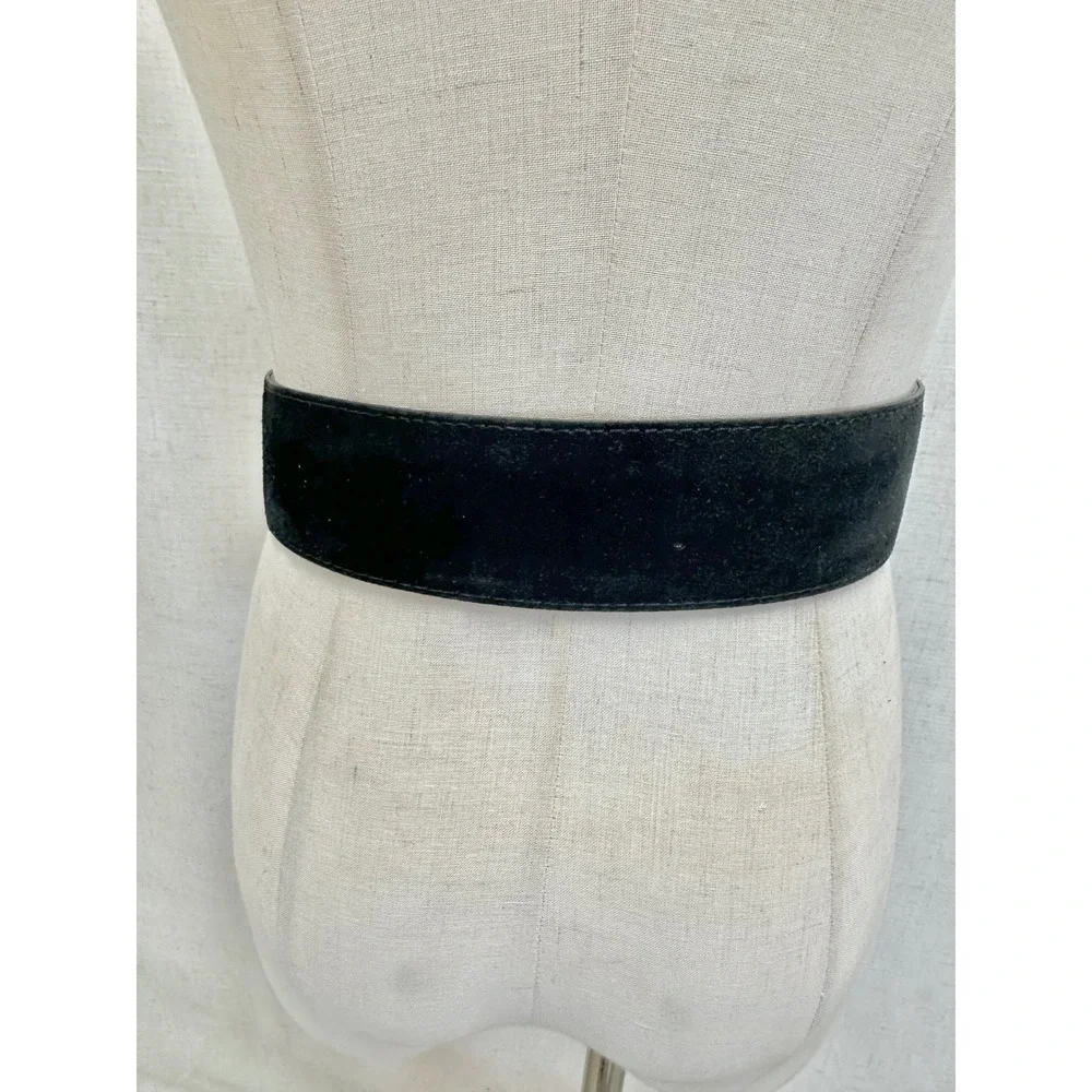 Vintage 90s Black‎ Suede Boho Belt Silver Crescent Buckle Crystal Detail Gypsy